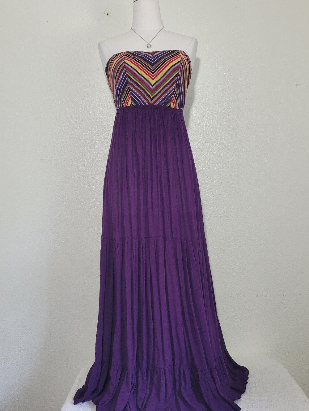 Beautiful Rayon Strapless Purple Maxi Dress with Multicolor Chevron Bodice Small